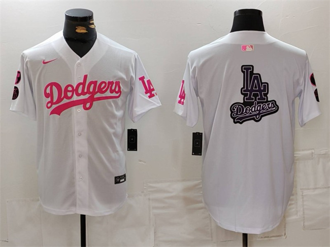 Men's Los Angeles Dodgers Team Big Logo White/Pink Vin & Kobe Patch Stitched Baseball Jersey Men's Los Angeles Dodgers Team Big Logo White/Pink Vin & Kobe Patch Stitched Baseball Jersey